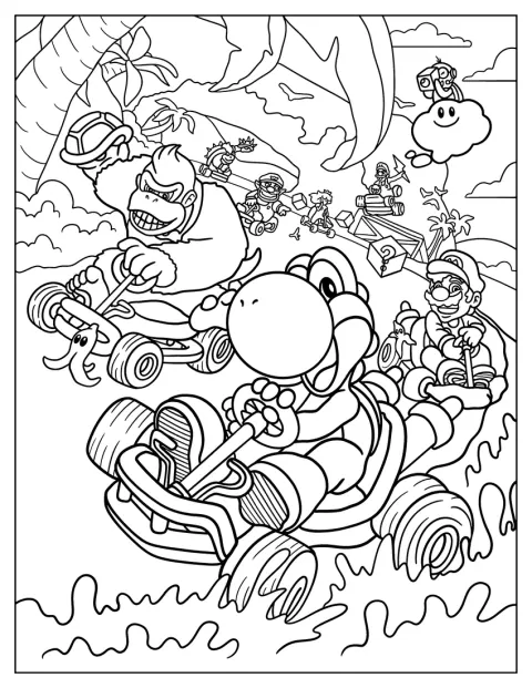 Yoshi, Donkey Kong ja Mario ajavat kilpaa Mario Kartissa.