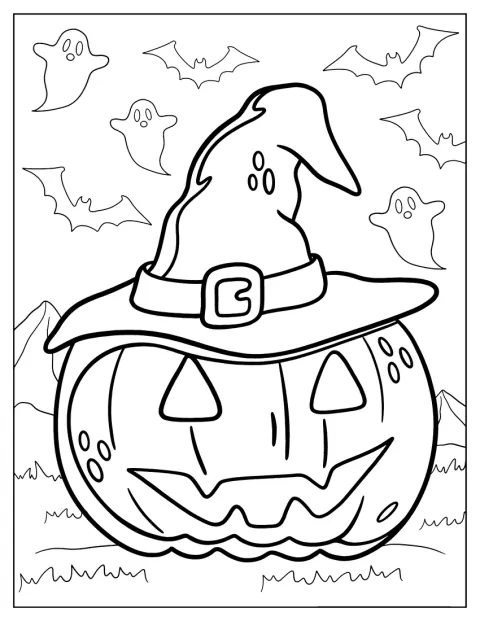 Halloweenowa dynia ma na głowie spiczasty kapelusz czarownicy.