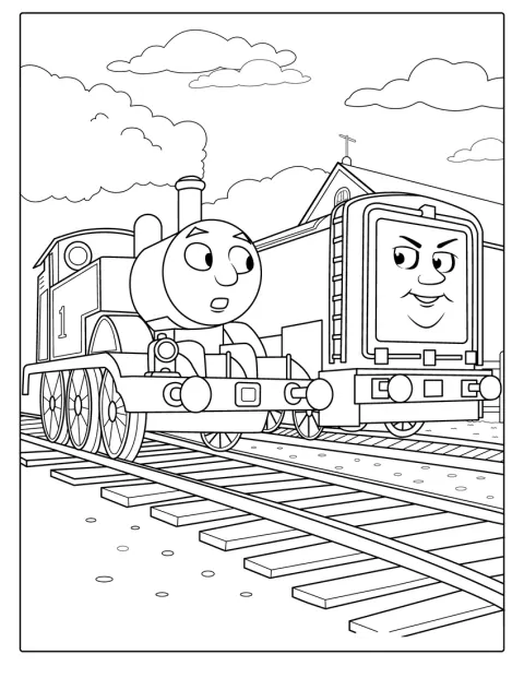 Thomas y Diesel, una locomotora azul y otra negra, están juntos en las vías.