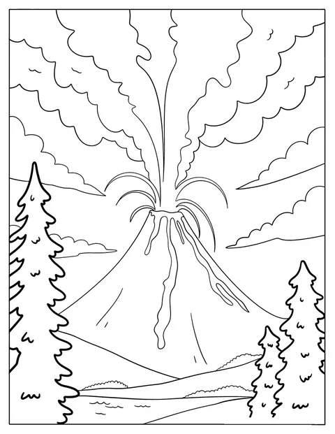 Ein Vulkan schleudert Lava und Asche über einen Kiefernwald in den Himmel.