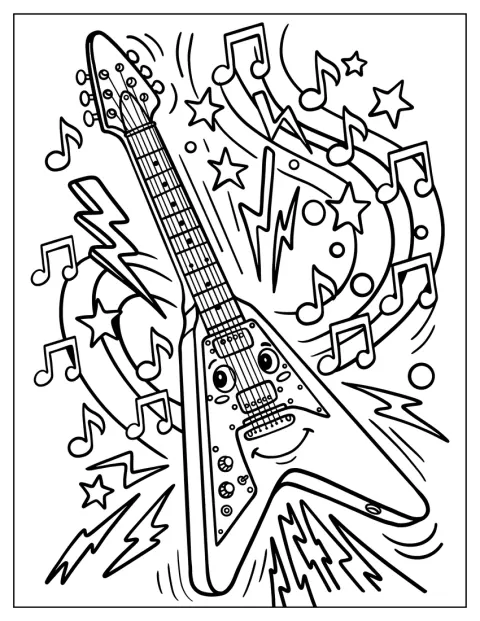 Una guitarra de rock está rodeada de notas musicales.