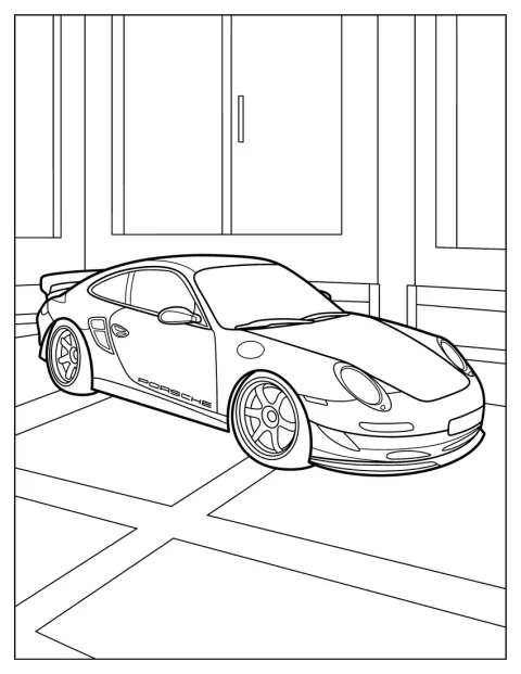 流線形のPorscheがガレージに停まっています。