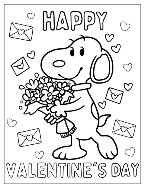 Snoopy hält zum Valentinstag einen Strauß Blumen.