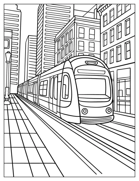 Et moderne letbanetog kører gennem et livligt bycentrum.