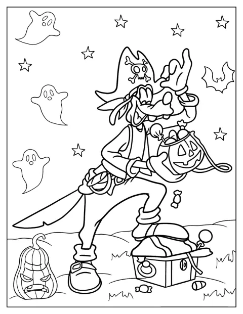 Déguisé en pirate, Dingo fait la tournée des bonbons pour Halloween.