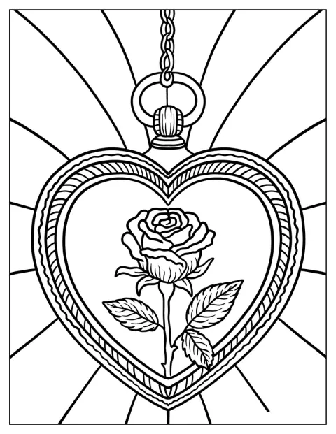 In einem herzförmigen Medaillon liegt eine Rose.