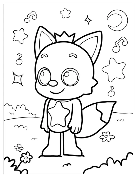 Pinkfong seisoo kukkien keskellä kedolla.