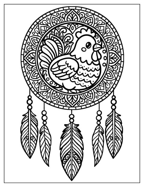 Uma galinha em forma de mandala está decorada com penas e elementos de apanhador de sonhos.