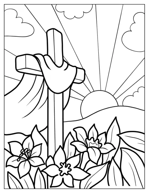 Blumen und eine strahlende Sonne schmücken ein Kreuz zu Ostern.