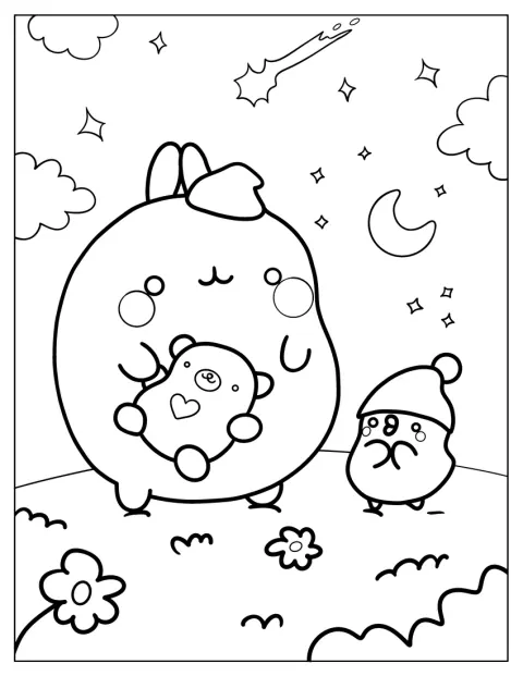 Molang plüssmackót ölel, Piu Piu pedig vele készül lefeküdni.