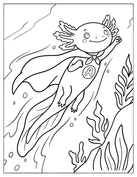 Axolotl v superhrdinském plášti létá pod vodou.