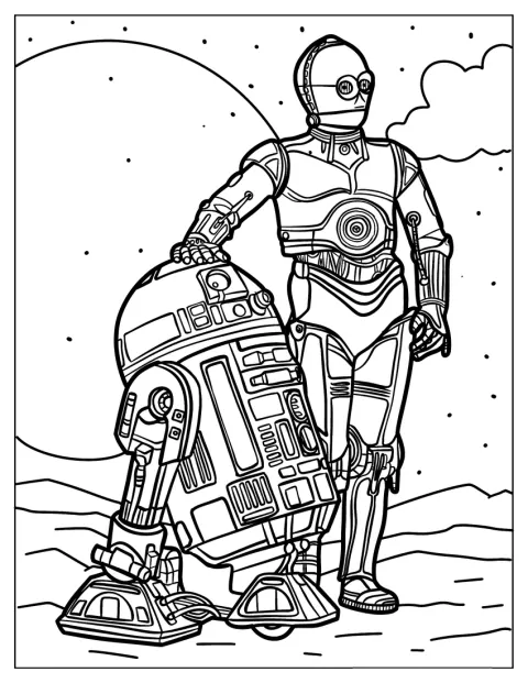 C-3PO en R2-D2 staan naast elkaar.
