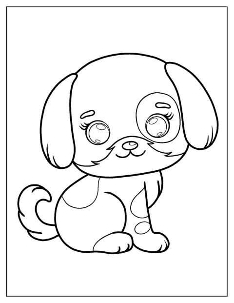 Un chiot aux deux couleurs se tient debout, dans un dessin aux formes simples.