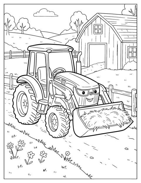 Mit seinem Frontlader transportiert ein John Deere Traktor Heu.