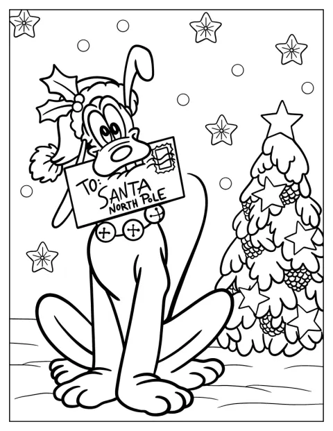 Pluto zerbeißt einen Brief, der an den Weihnachtsmann gerichtet ist.