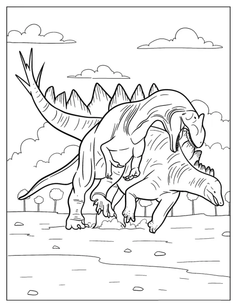 En Allosaurus og en Stegosaurus kæmper mod hinanden.