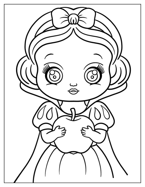 Albă ca Zăpada privește atent un măr, în stil chibi.