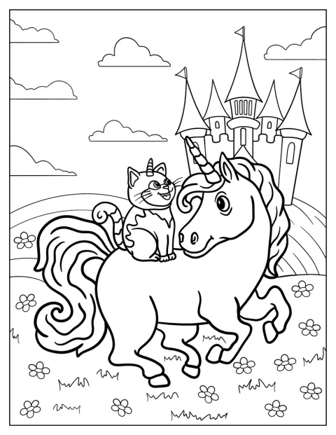 O pisică stă pe spatele unui unicorn.