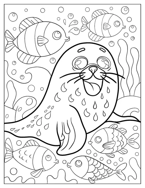 Una foca sonriente nada bajo el agua acompañada de peces.