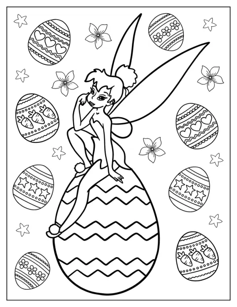 Campanilla está sentada sobre un huevo de Pascua decorado.
