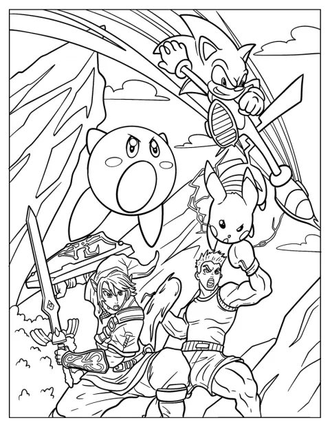 Kirby, Pikachu, Zelda, Sonic e Little Mac aparecem juntos numa cena de Super Smash Bros.