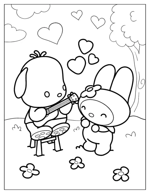 Pochacco toca la guitarra mientras My Melody le escucha.