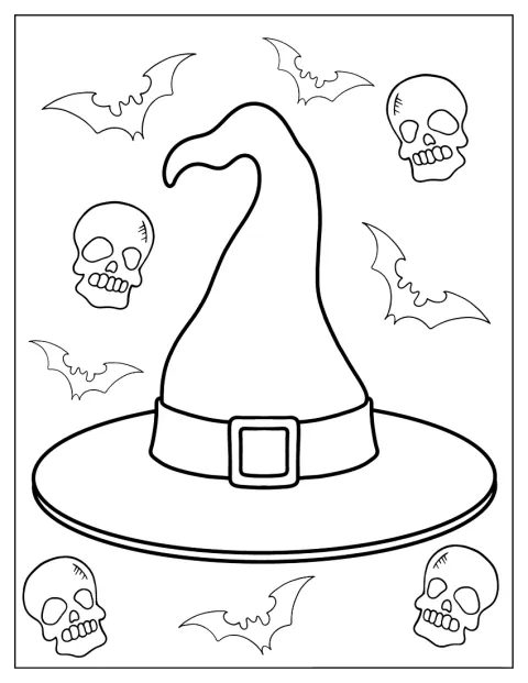 Um chapéu pontiagudo de bruxa tem uma fivela decorativa.