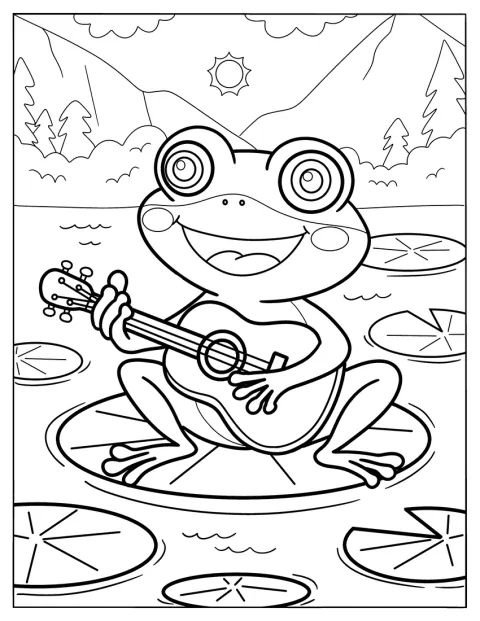En frosk spiller gitar ute i naturen.