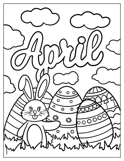 Le mot « Avril » surmonte de gros œufs de Pâques, près d’un lapin.