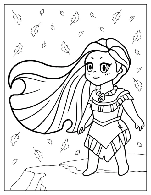 Chibi Pocahontas stojí v jednoduchém oděvu.