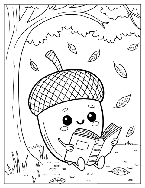 Sob uma árvore, uma bolota lê um livro enquanto caem folhas.