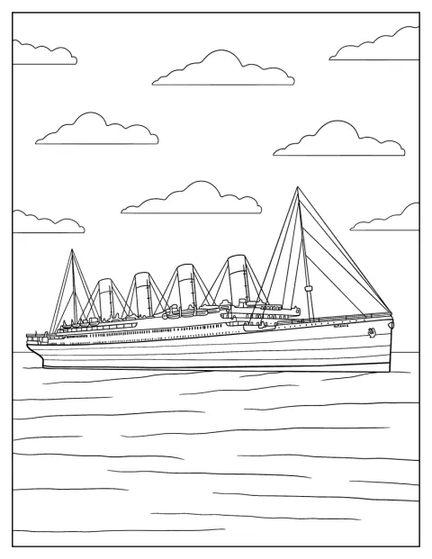 穏やかな海を進むタイタニック号が、簡潔な線で描かれています。