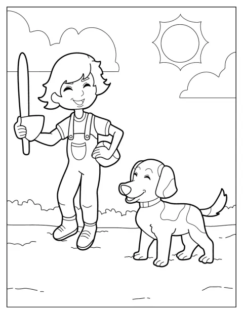 A kisfiú a napsütésben játszik a kutyájával.