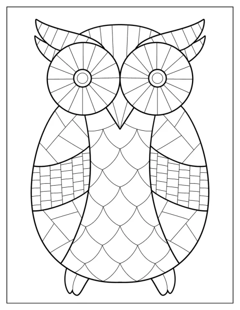 Mosaiikkipöllö istuu oksalla ja katsoo eteenpäin.