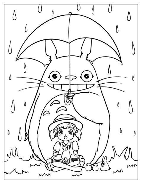 Mei Kusakabe se refugia de la lluvia bajo el paraguas de Totoro.