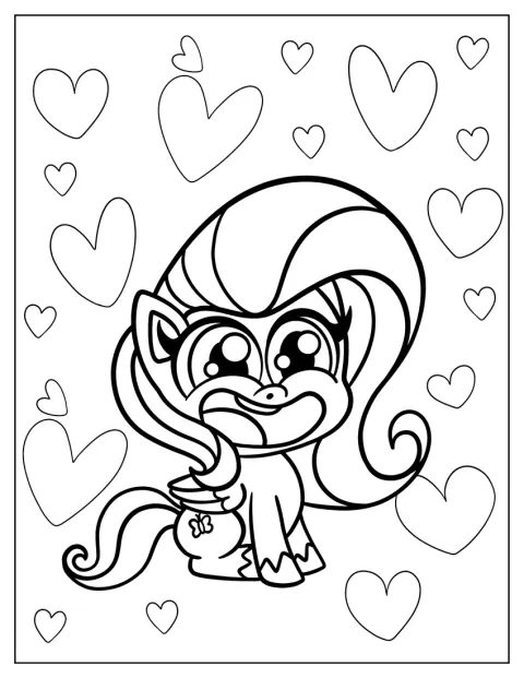 Fluttershy er tegnet som en liten chibi-figur med søtt uttrykk.