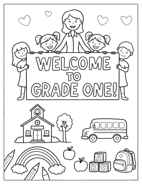 Lehrkräfte und Kinder halten gemeinsam ein Banner zur Begrüßung der Erstklässler.