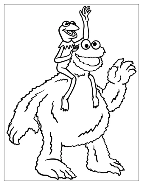 Kermit está sentado nas costas do Monstro das Bolachas.
