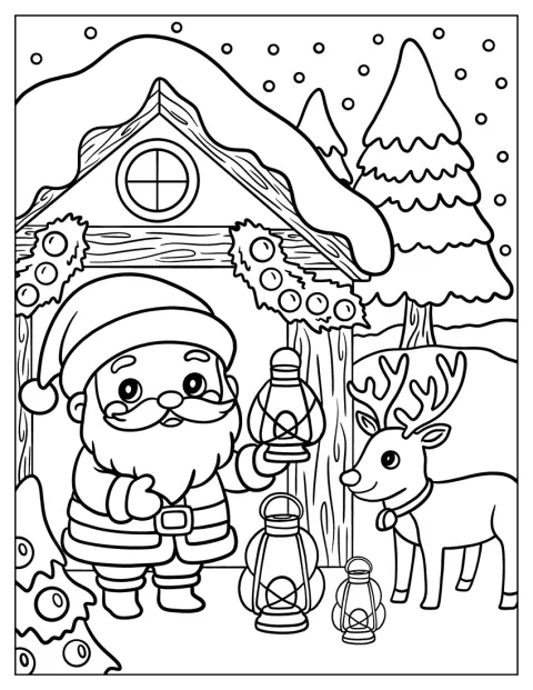 Santa leuchtet mit einer Laterne vor einer verschneiten Hütte, während ein Rentier wartet.