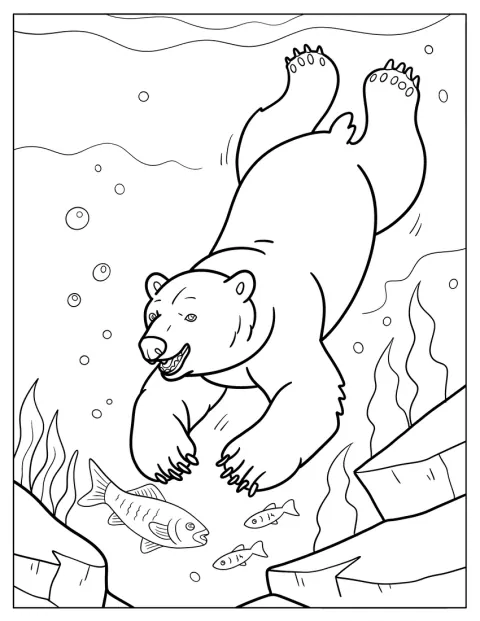 Large Polar Bear Coloring Page Diving Underwater for Fish