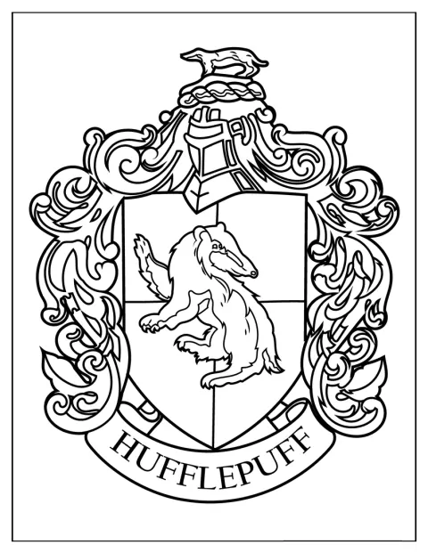 Ozdobny herb Hufflepuffu zawiera symbol borsuka.