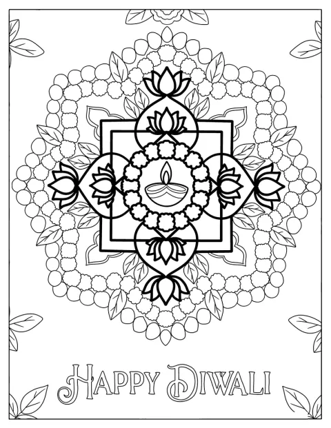 Ein florales Rangoli aus Ringelblumen und Rosenblättern umrahmt eine Diya.