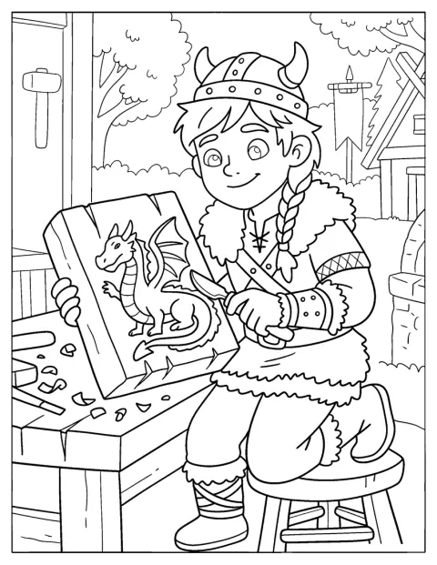 En viking ristar ett drakmönster i en träbit.