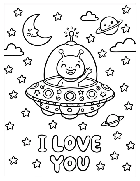 Ein Alien fliegt mit seinem UFO durch den Himmel und sagt „Ich liebe dich“.