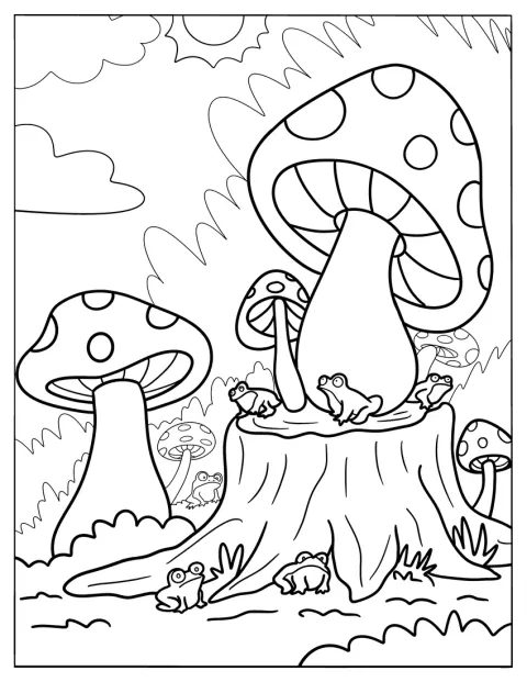 Tra funghi e piante, alcune rane animano un paesaggio incantato.