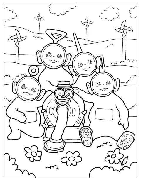 Teletubbies står tillsammans med Noo-Noo.