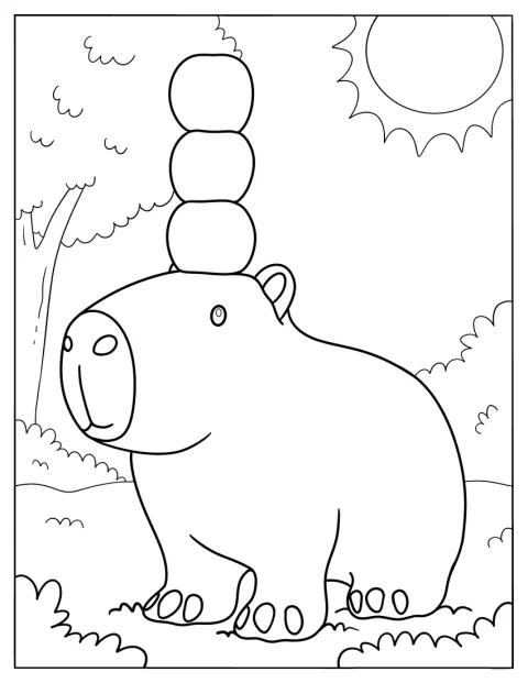 En kapibaraunge balanserar tre äpplen på huvudet.