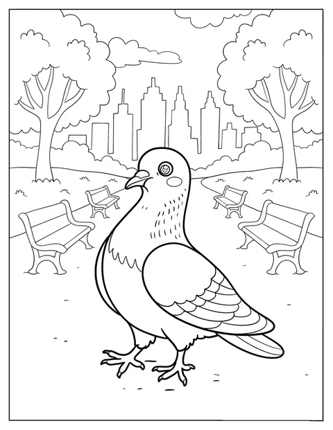 Un pigeon explore les allées d’un parc tranquille en ville.