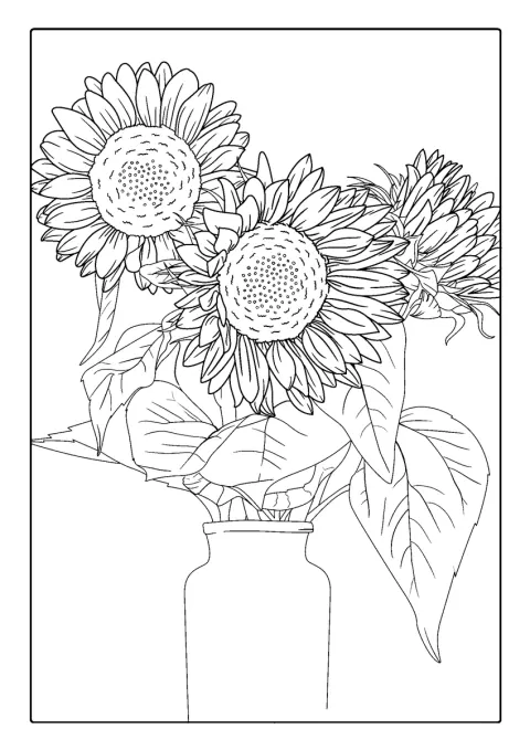 細部まで描かれたひまわりが、花瓶いっぱいに生けられています。