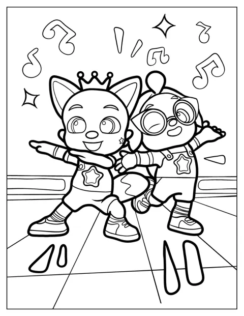 Sur scène, Hogi et Pinkfong dansent ensemble.